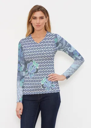 Vintage Blooms Blue (8060) ~ Butterknit Long Sleeve V-Neck Top