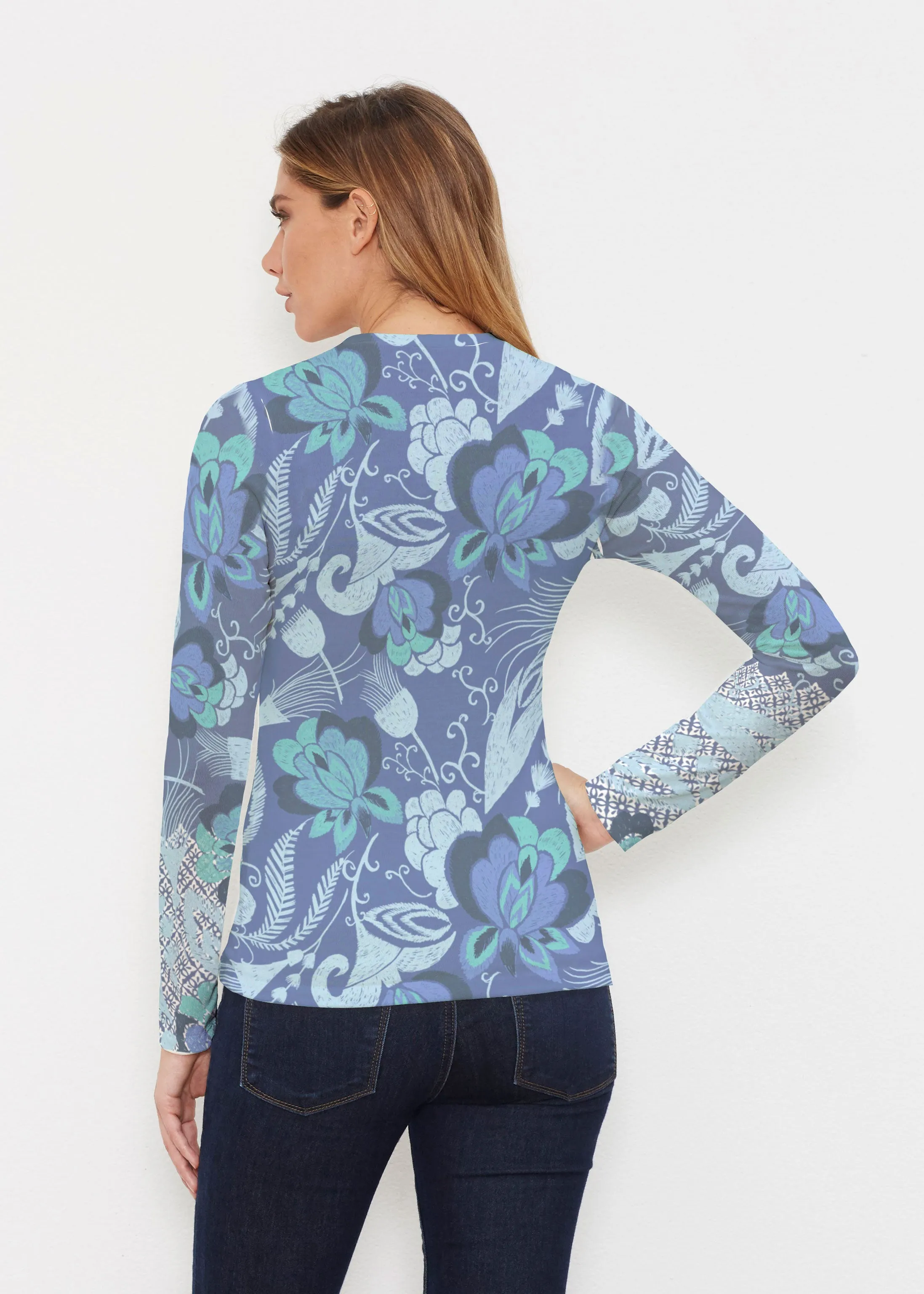 Vintage Blooms Blue (8060) ~ Butterknit Long Sleeve V-Neck Top