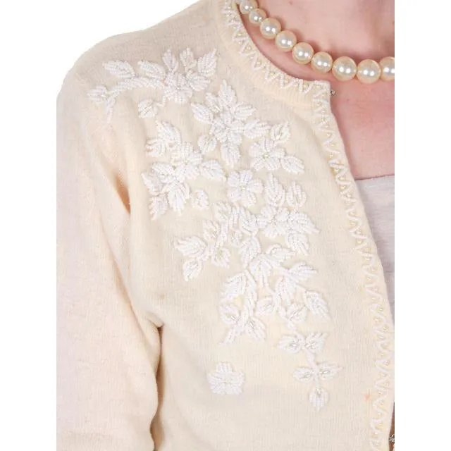 Vintage Cream Wool Beaded Cardigan Sweater 1950s S-M