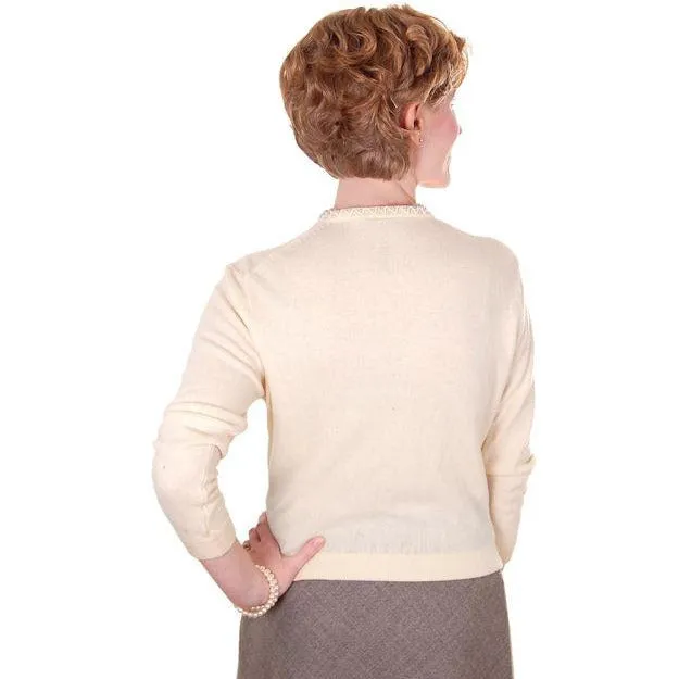 Vintage Cream Wool Beaded Cardigan Sweater 1950s S-M