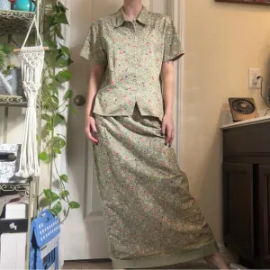 Vintage Floral Green 100% Cotton Two-Piece Skirt Set By Central Falls Size Lg/14
