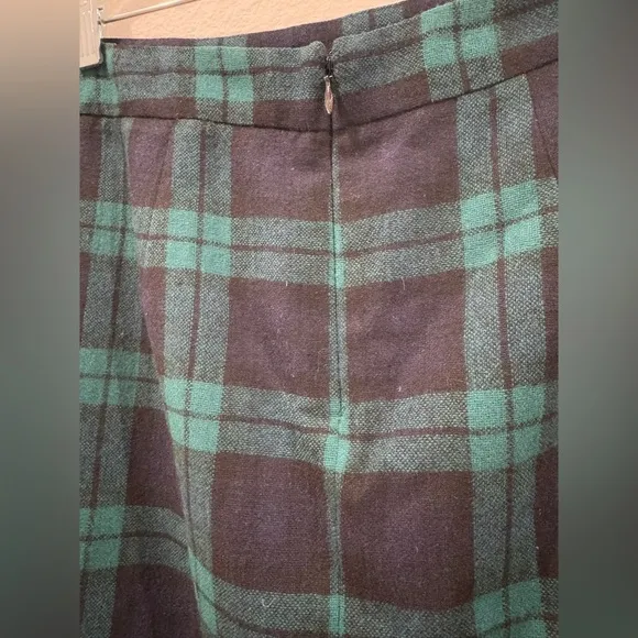 Vintage Lands’ End Wool Blend Tartan Plaid Green Black Blue Midi Skirt Size 6