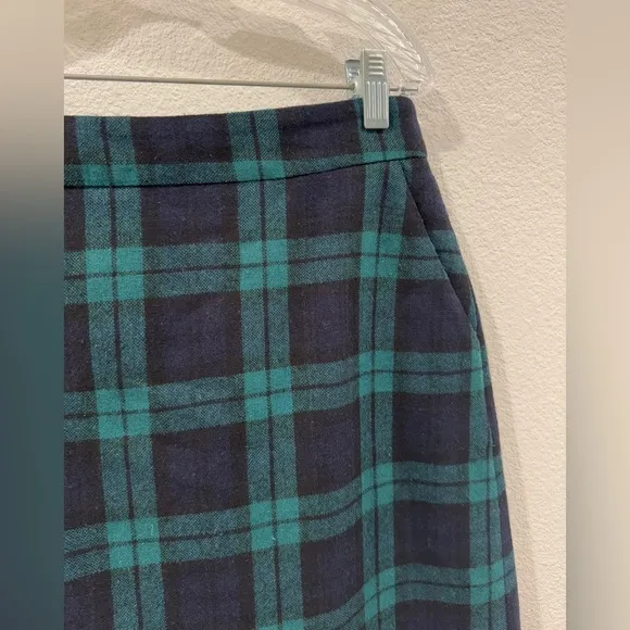 Vintage Lands’ End Wool Blend Tartan Plaid Green Black Blue Midi Skirt Size 6