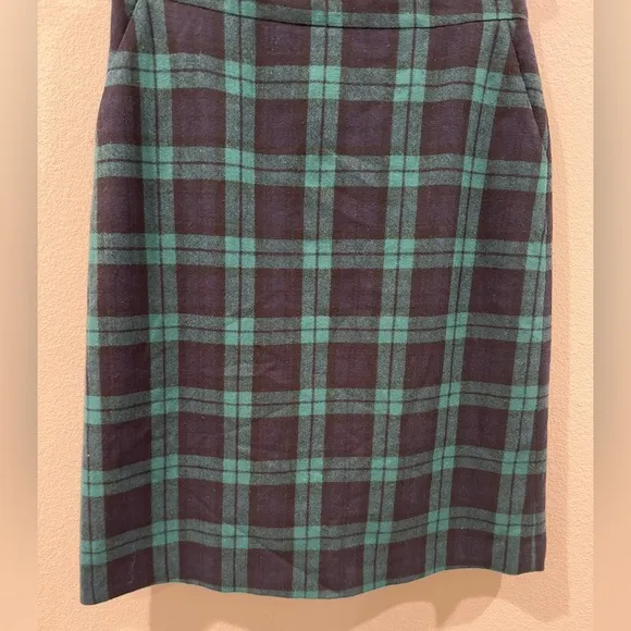 Vintage Lands’ End Wool Blend Tartan Plaid Green Black Blue Midi Skirt Size 6