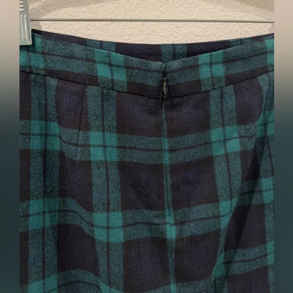 Vintage Lands’ End Wool Blend Tartan Plaid Green Black Blue Midi Skirt Size 6