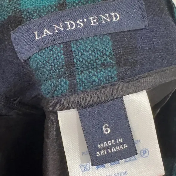 Vintage Lands’ End Wool Blend Tartan Plaid Green Black Blue Midi Skirt Size 6