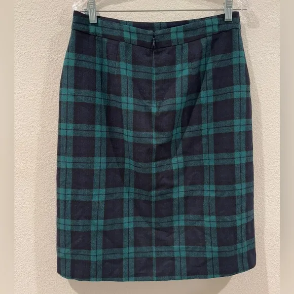 Vintage Lands’ End Wool Blend Tartan Plaid Green Black Blue Midi Skirt Size 6