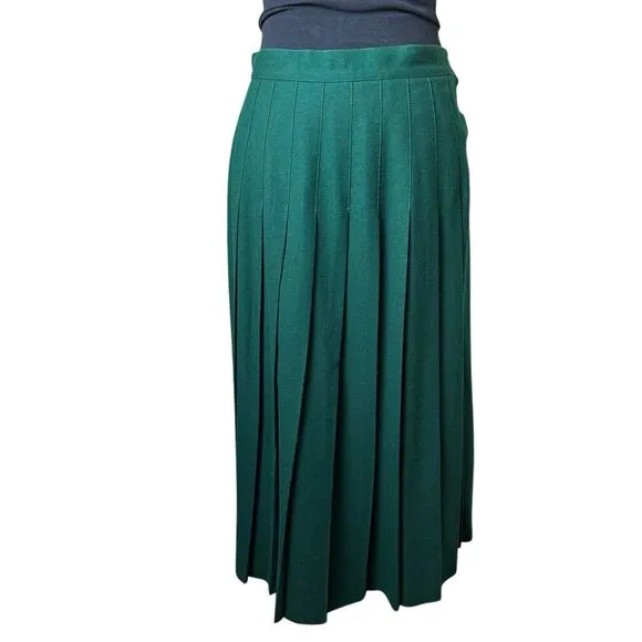 Vintage Talbots Green Worsted Wool Pleated Midi Skirt Made in USA Retro Office