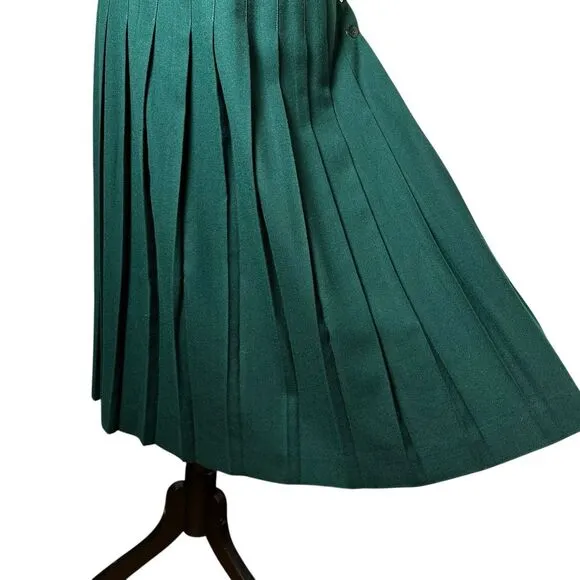 Vintage Talbots Green Worsted Wool Pleated Midi Skirt Made in USA Retro Office
