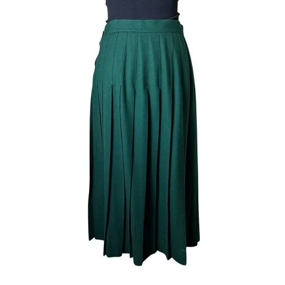 Vintage Talbots Green Worsted Wool Pleated Midi Skirt Made in USA Retro Office
