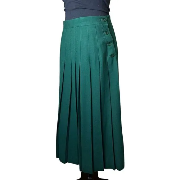 Vintage Talbots Green Worsted Wool Pleated Midi Skirt Made in USA Retro Office