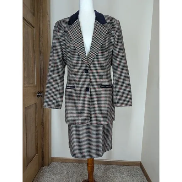Vintage Wool Houndstooth Tweed Velvet Norton McNaughton Skirt Suit Set Women's 8