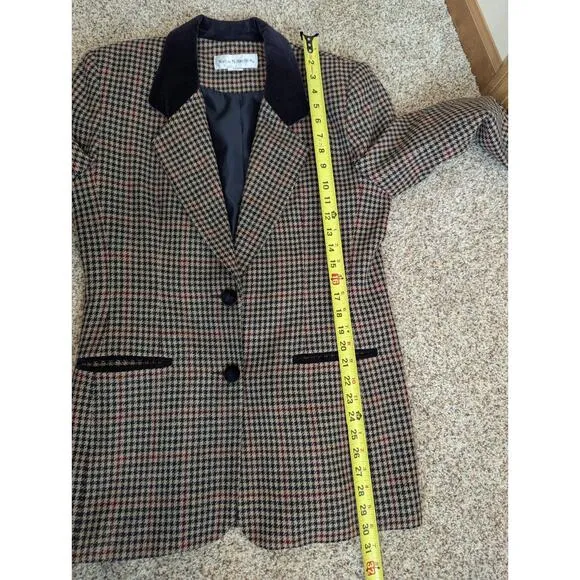 Vintage Wool Houndstooth Tweed Velvet Norton McNaughton Skirt Suit Set Women's 8