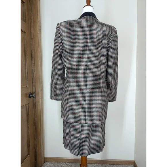 Vintage Wool Houndstooth Tweed Velvet Norton McNaughton Skirt Suit Set Women's 8