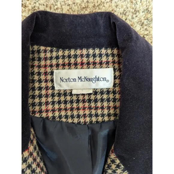 Vintage Wool Houndstooth Tweed Velvet Norton McNaughton Skirt Suit Set Women's 8