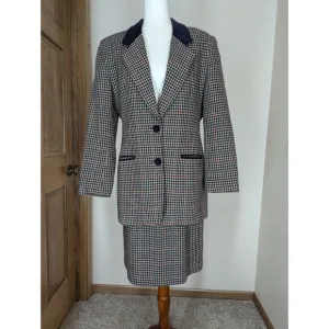 Vintage Wool Houndstooth Tweed Velvet Norton McNaughton Skirt Suit Set Women's 8