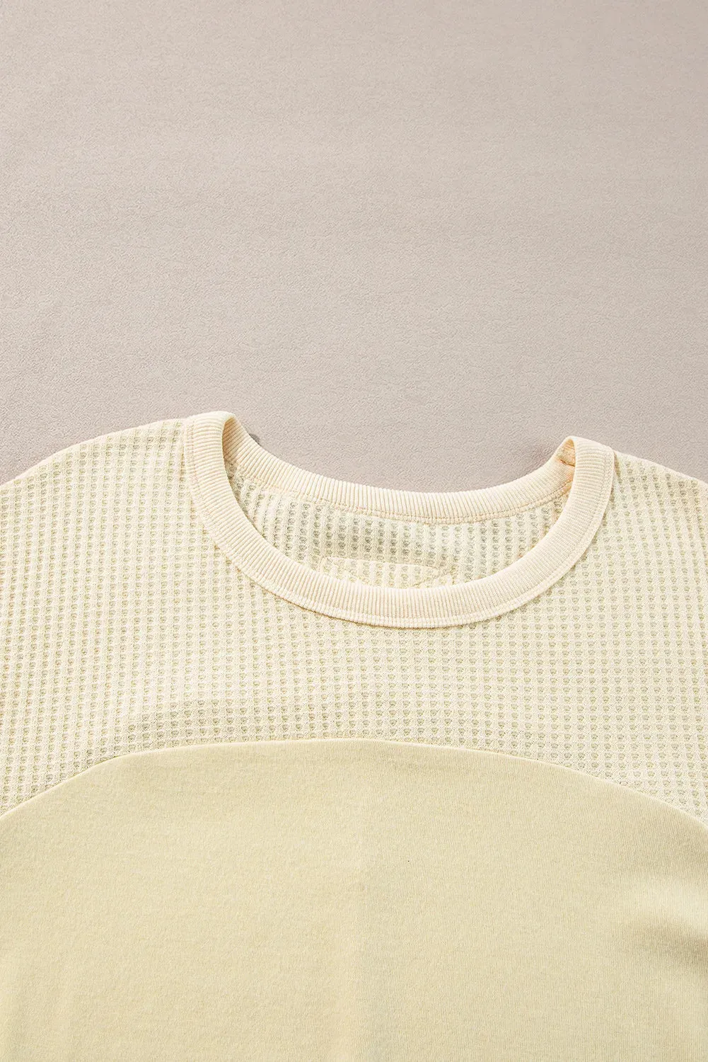 Waffle-Knit Round Neck Long Sleeve Top