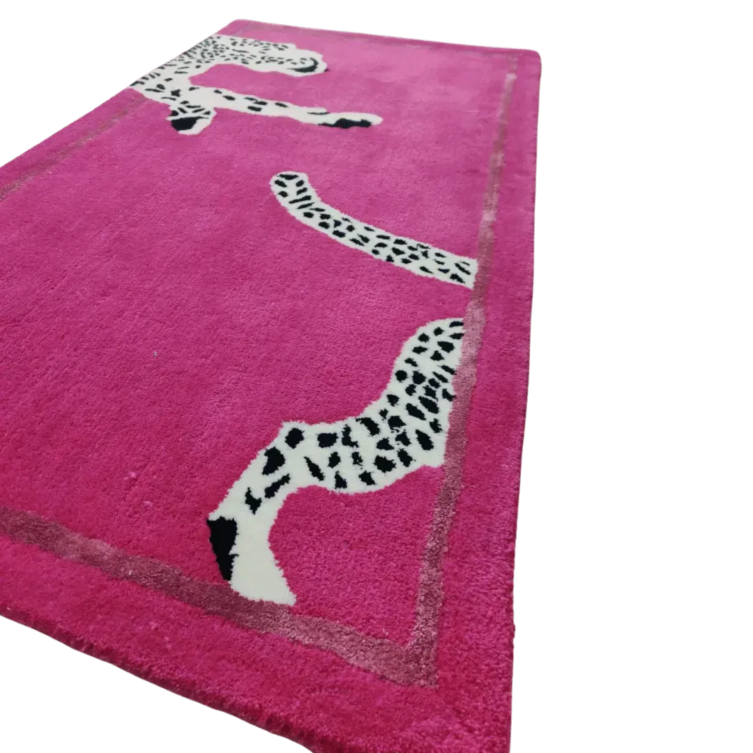 Walking Wild Cat Leopard on Silk Road Hand Tufted Wool Rug - Pink