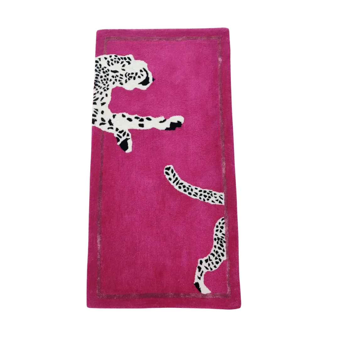 Walking Wild Cat Leopard on Silk Road Hand Tufted Wool Rug - Pink