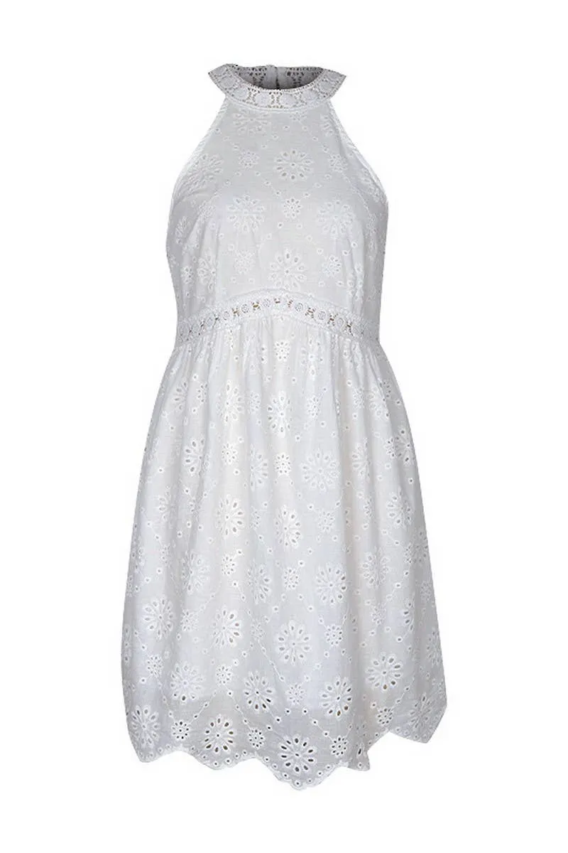 White Sleeveless Halterneck Short Dress