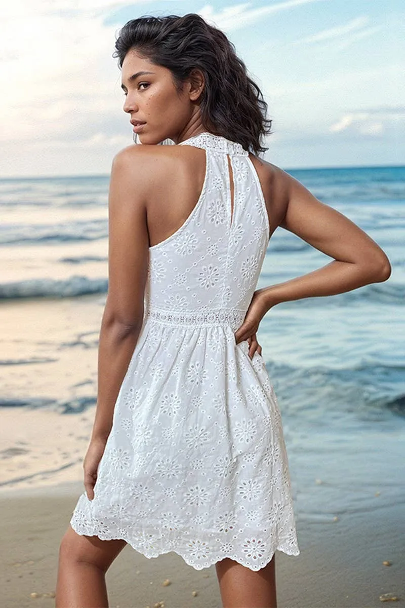 White Sleeveless Halterneck Short Dress