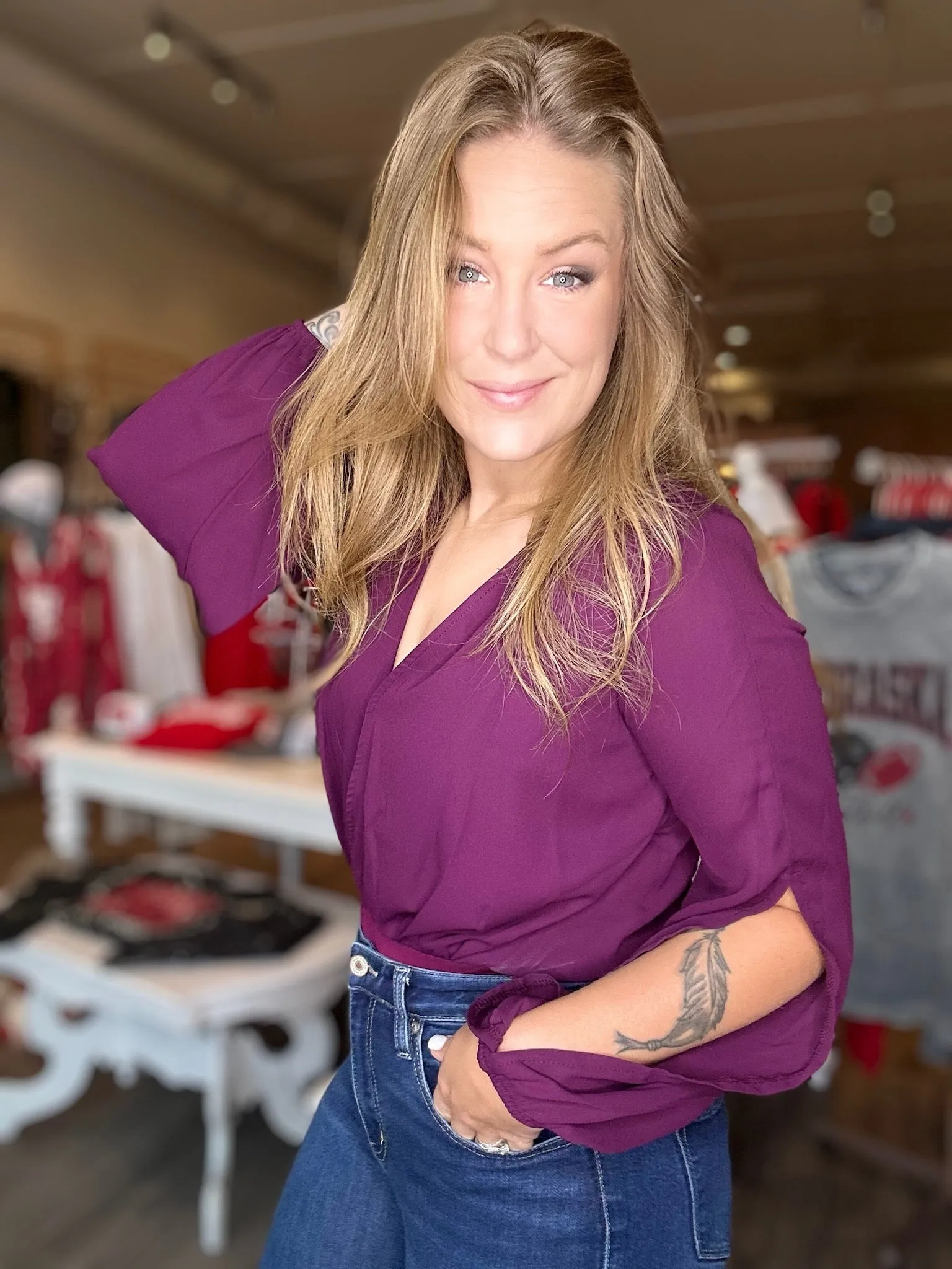 Wine Long Sleeve Split Neck BodySuit