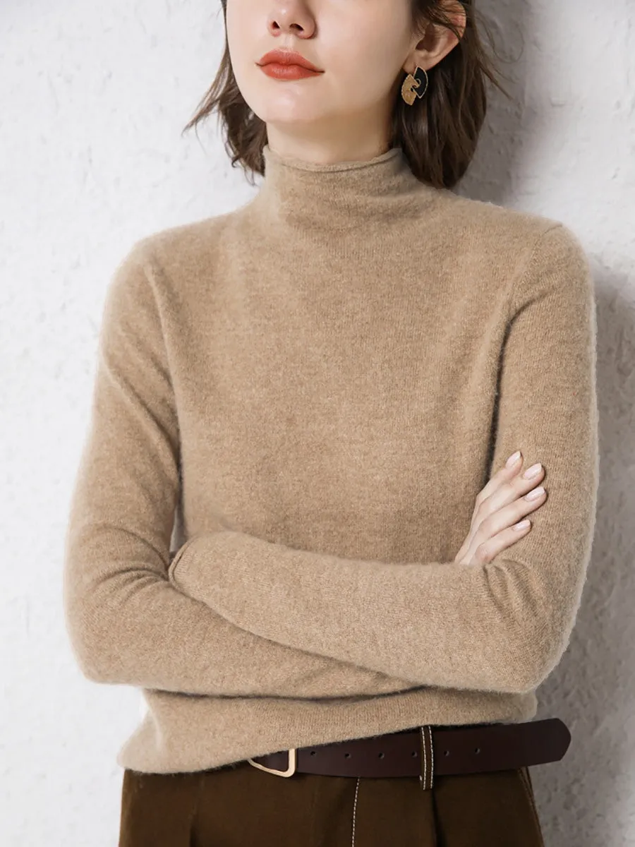 Women Autumn Solid Half High Collar 100%Wool Sweater