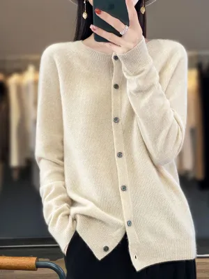 Women Autumn Wool O-Neck Cardigan Knit Sweater