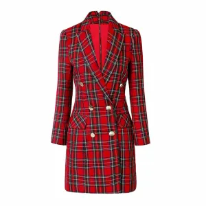Women Red Plaid Short Double Breasted Mini Dress
