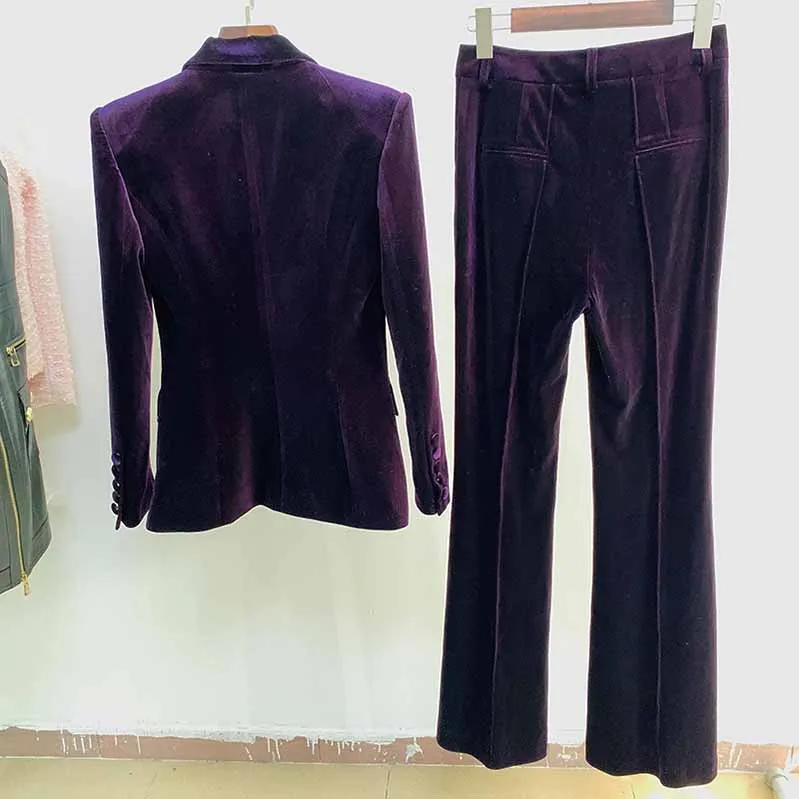 Women Velvet Blazer Pantsuit  Flare Trousers Suit
