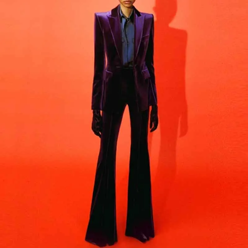 Women Velvet Blazer Pantsuit  Flare Trousers Suit