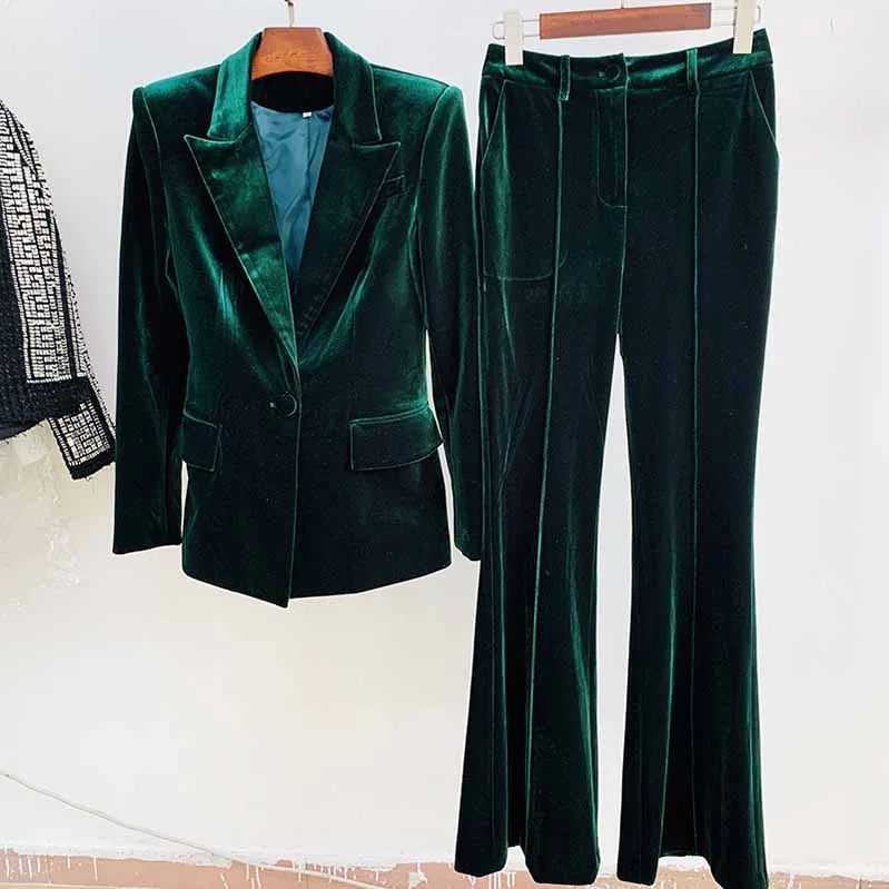 Women Velvet Blazer Pantsuit  Flare Trousers Suit