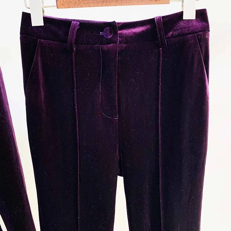 Women Velvet Blazer Pantsuit  Flare Trousers Suit