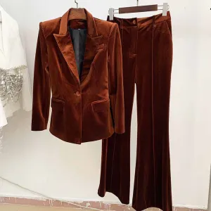 Women Velvet Blazer Pantsuit  Flare Trousers Suit