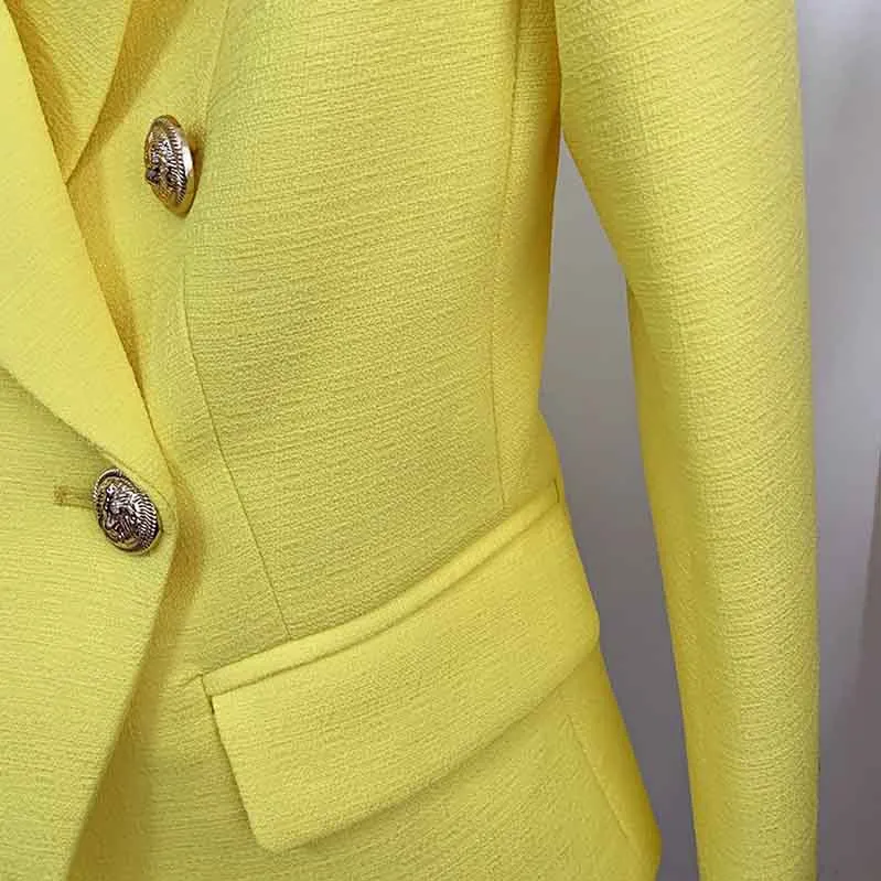 Women's Fitted Gold Lion Buttons Fitted Jacket Fluorescent Green Blazer