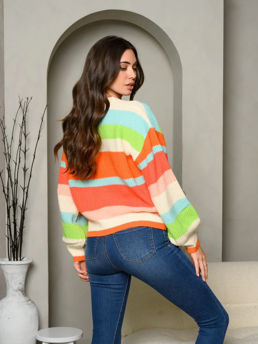 WOMEN'S LONG PUFF SLEEVE BUTTON UP COLORBLOCK SWEATER