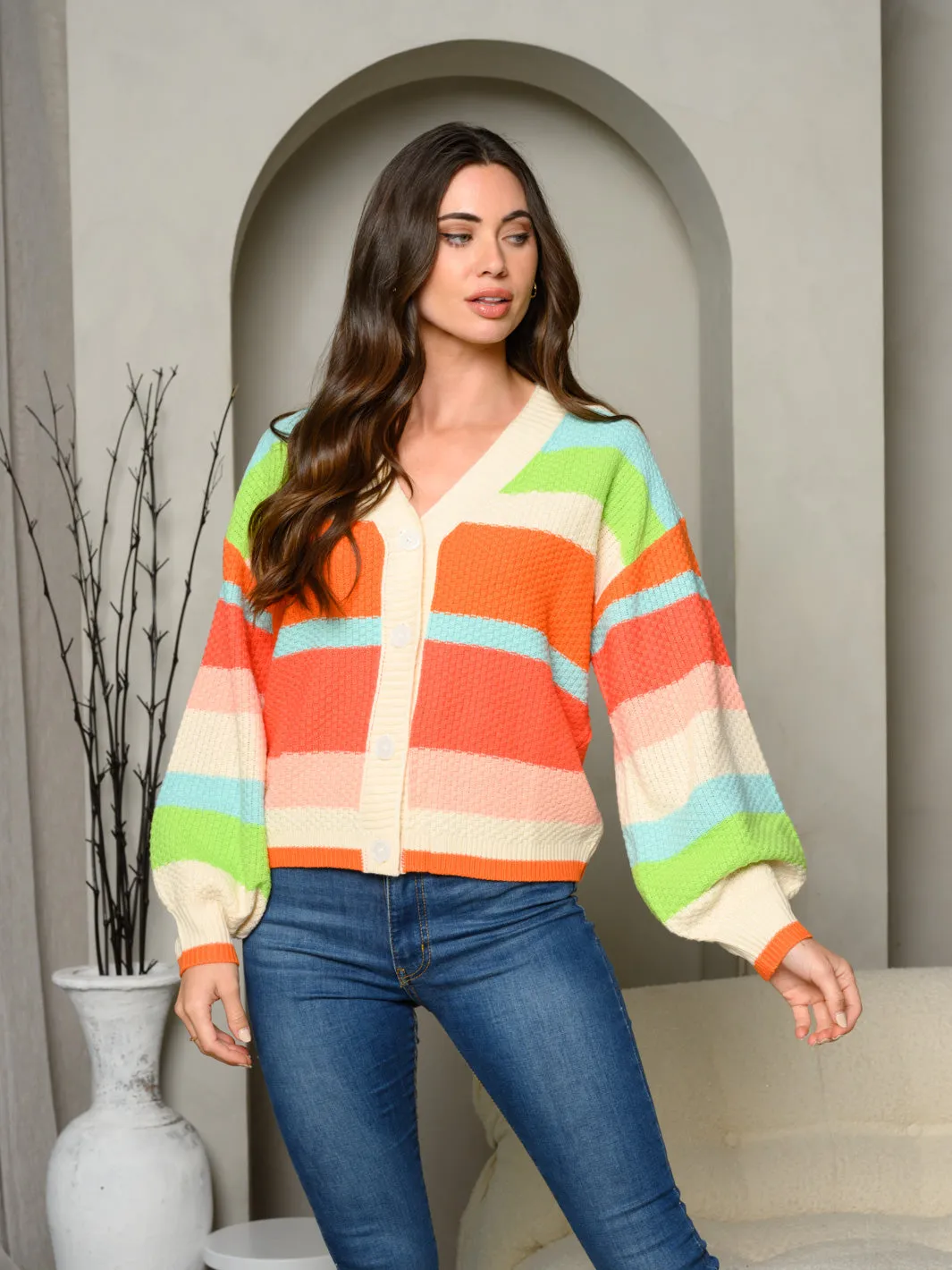WOMEN'S LONG PUFF SLEEVE BUTTON UP COLORBLOCK SWEATER