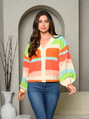WOMEN'S LONG PUFF SLEEVE BUTTON UP COLORBLOCK SWEATER