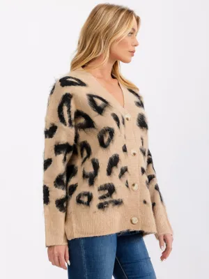 WOMEN'S LONG SLEEVE BUTTON CLOSURE ANIMAL PRINT CARDIGAN SWEATER
