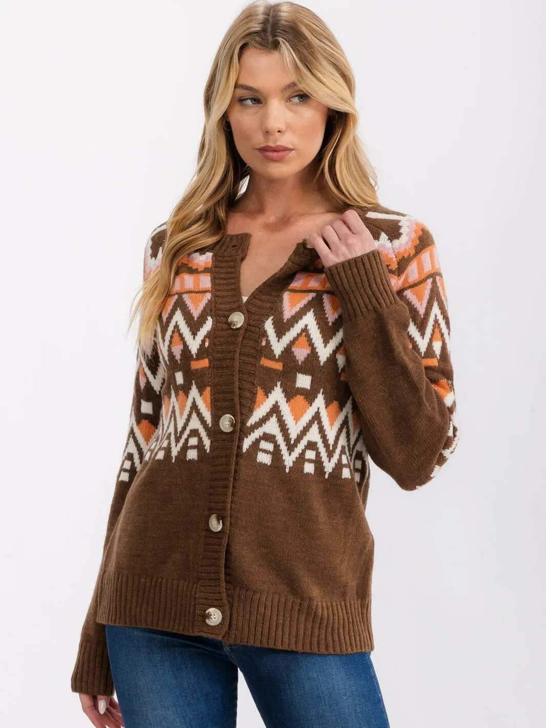 WOMEN'S LONG SLEEVE BUTTON CLOSURE MULTI PRINT CARDIGAN SWEATER