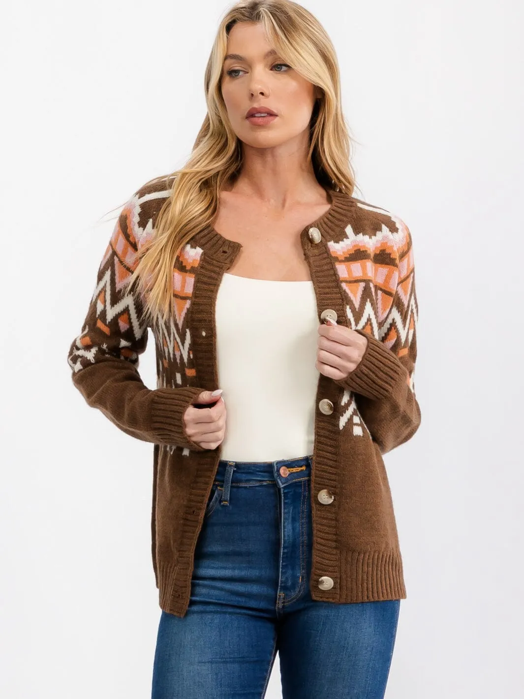 WOMEN'S LONG SLEEVE BUTTON CLOSURE MULTI PRINT CARDIGAN SWEATER
