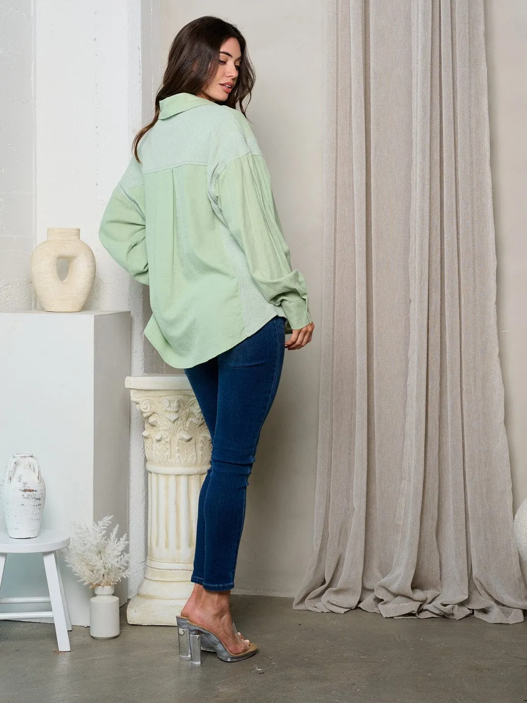 WOMEN'S LONG SLEEVE BUTTON UP OVERSIZED TOP