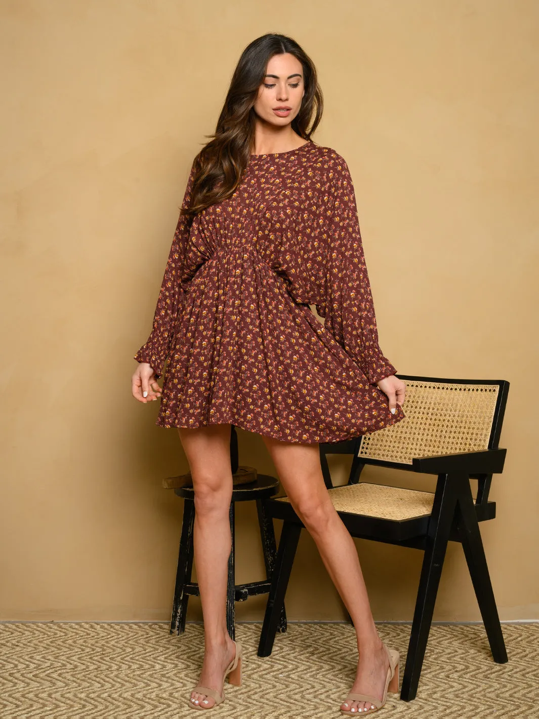 WOMEN'S LONG SLEEVE FLORAL PRINT MINI DRESS