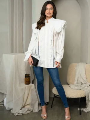 WOMEN'S LONG SLEEVE RUFFLE EYELET DETAILED TOP