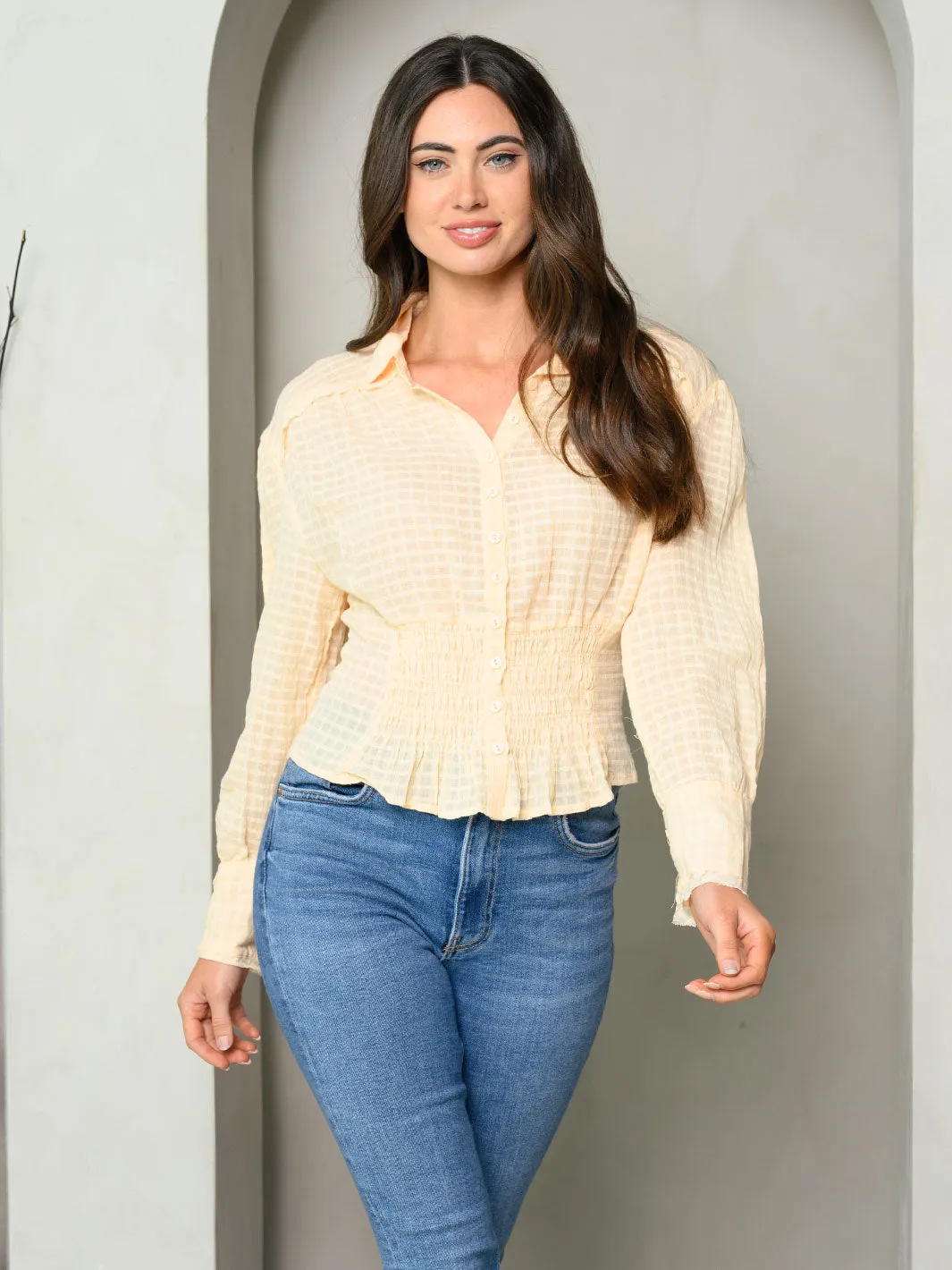 WOMENS LONG SLEEVE SMOCK WAIST BUTTON UP COLLAR TOP