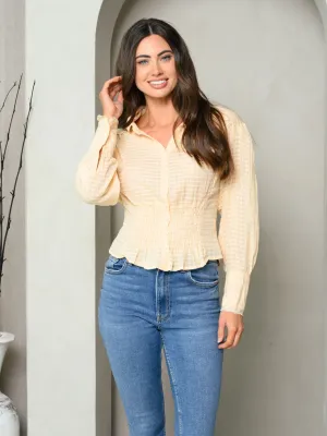WOMENS LONG SLEEVE SMOCK WAIST BUTTON UP COLLAR TOP