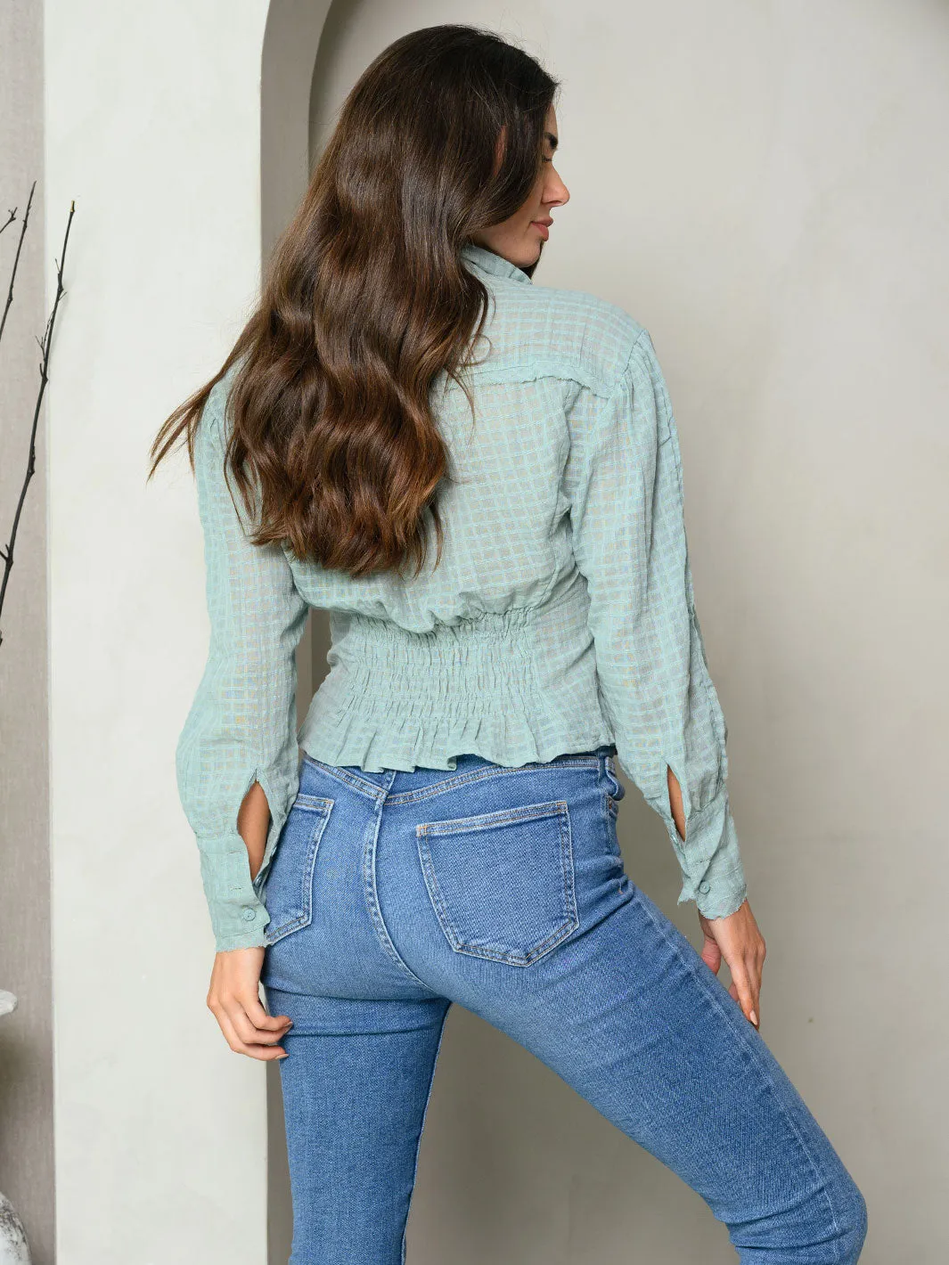 WOMENS LONG SLEEVE SMOCK WAIST BUTTON UP COLLAR TOP