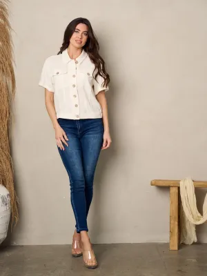 WOMEN'S SHORT SLEEVE BUTTON UP TOP