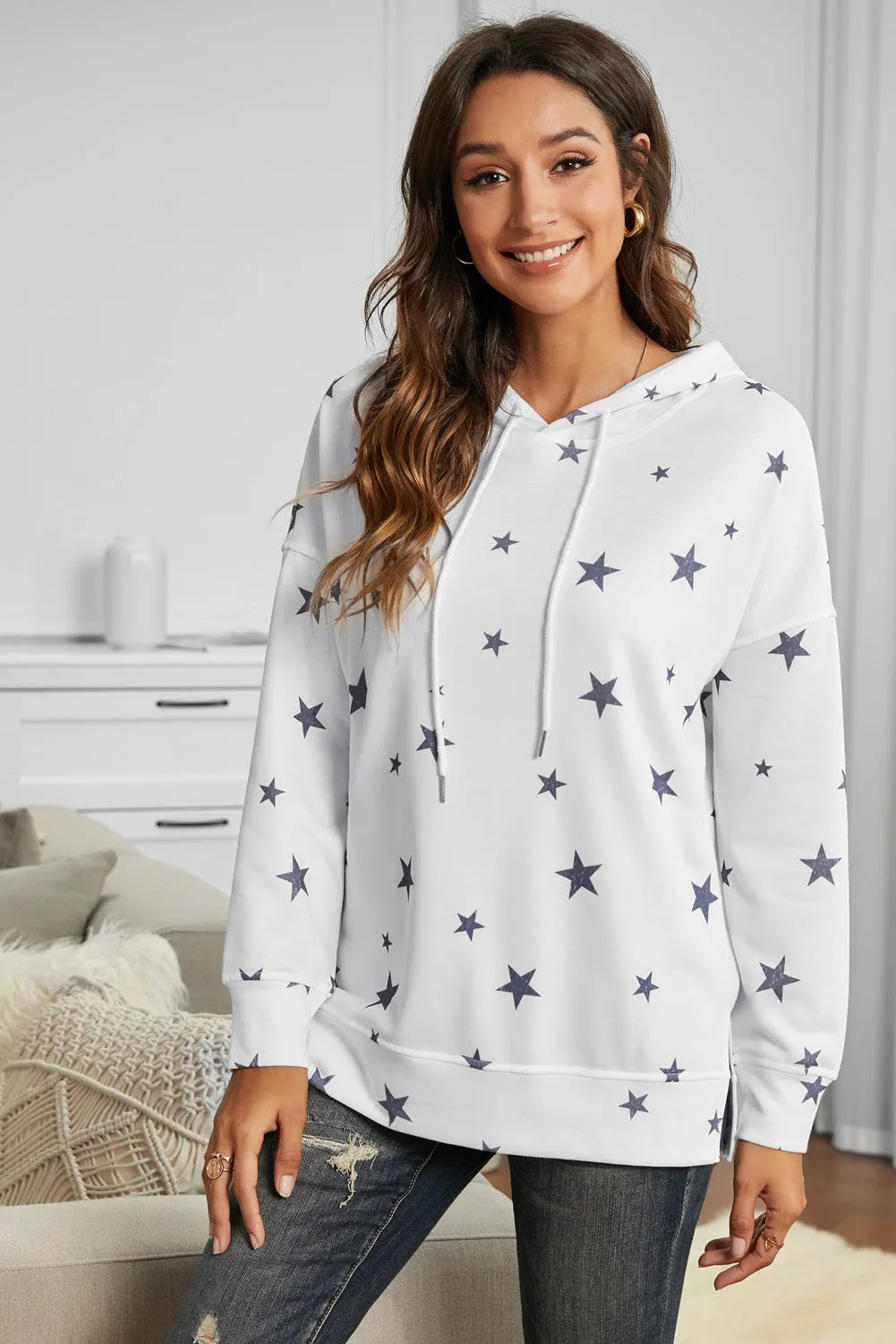Women's Side Slits White Star Print Hoodie