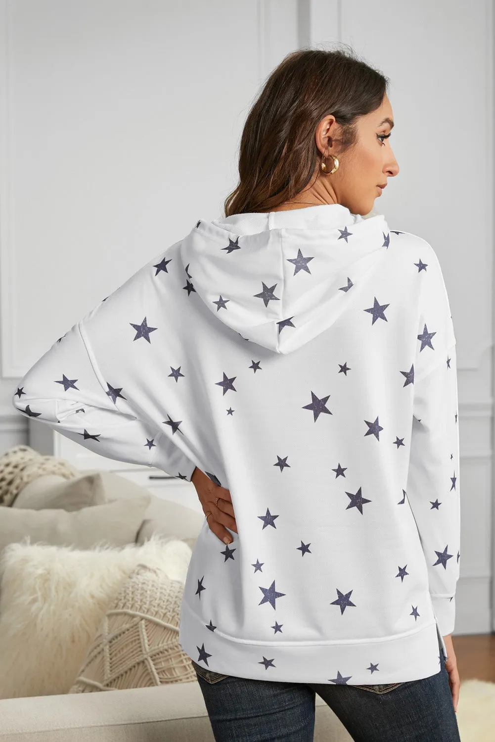 Women's Side Slits White Star Print Hoodie